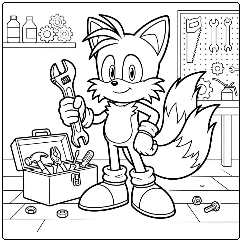 Cheerful Tails with Wrench and Chest coloring page