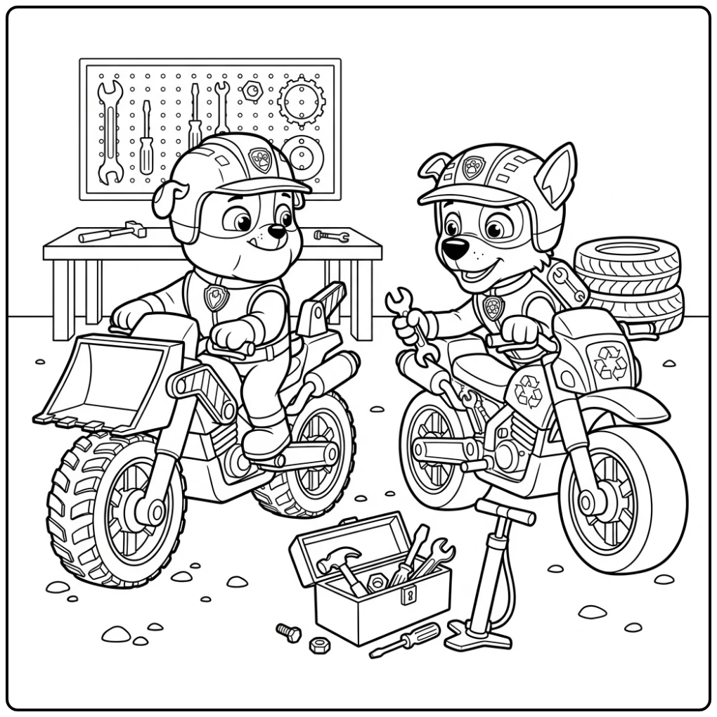 Paw Patrol Moto Pups coloring page with a motorcycle adventure