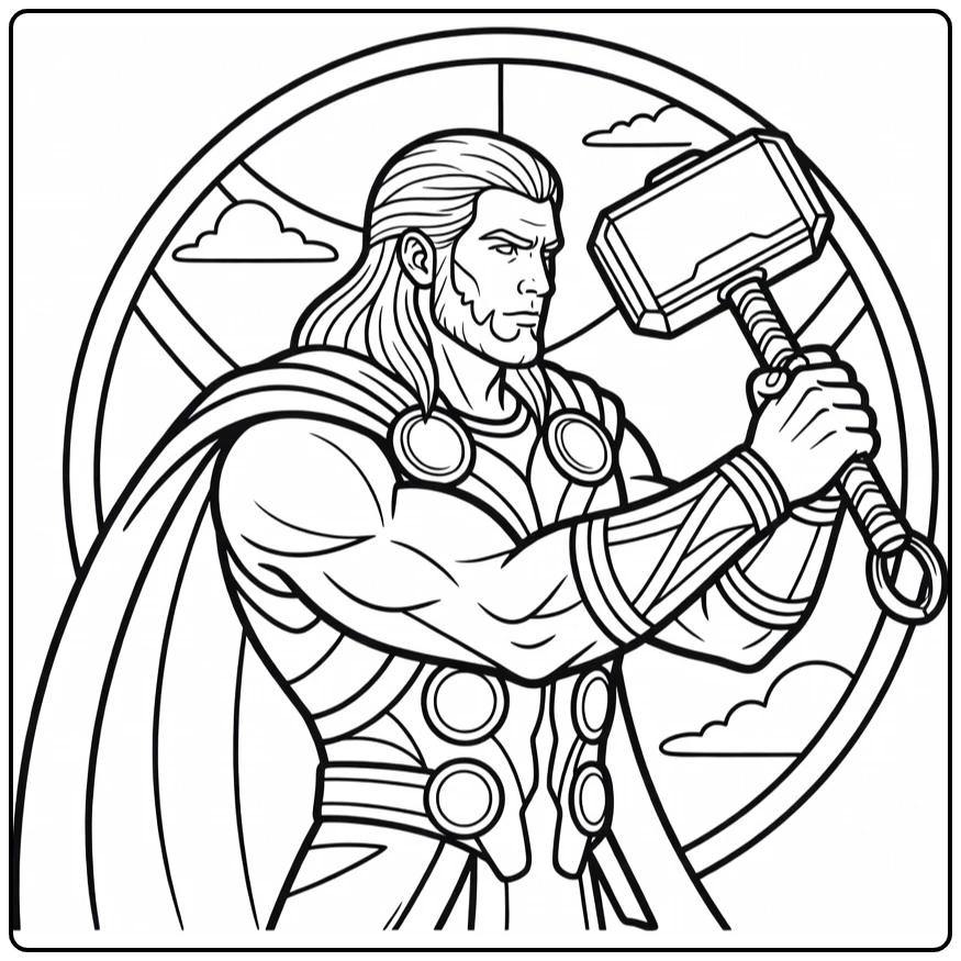 Thor in Battle Pose Gripping Mjolnir coloring page
