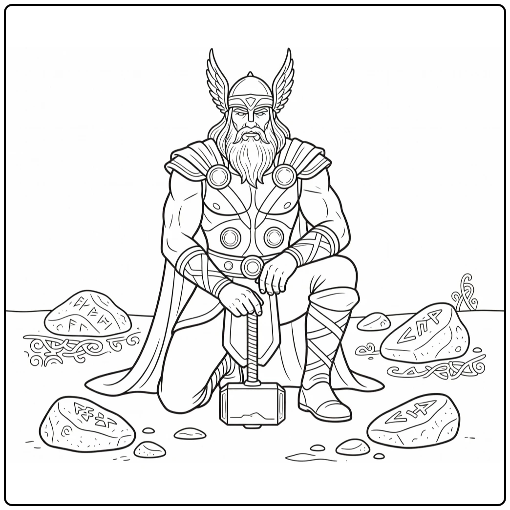 Thor Kneeling with Hammer in Quiet Grumpy Scene coloring page