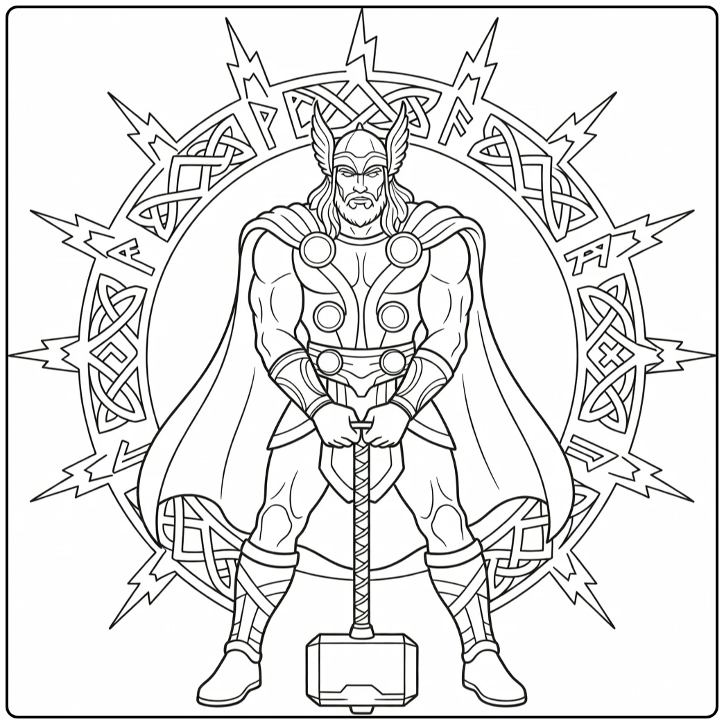 Thor Hammer Norse Design and Thunder Accents coloring page