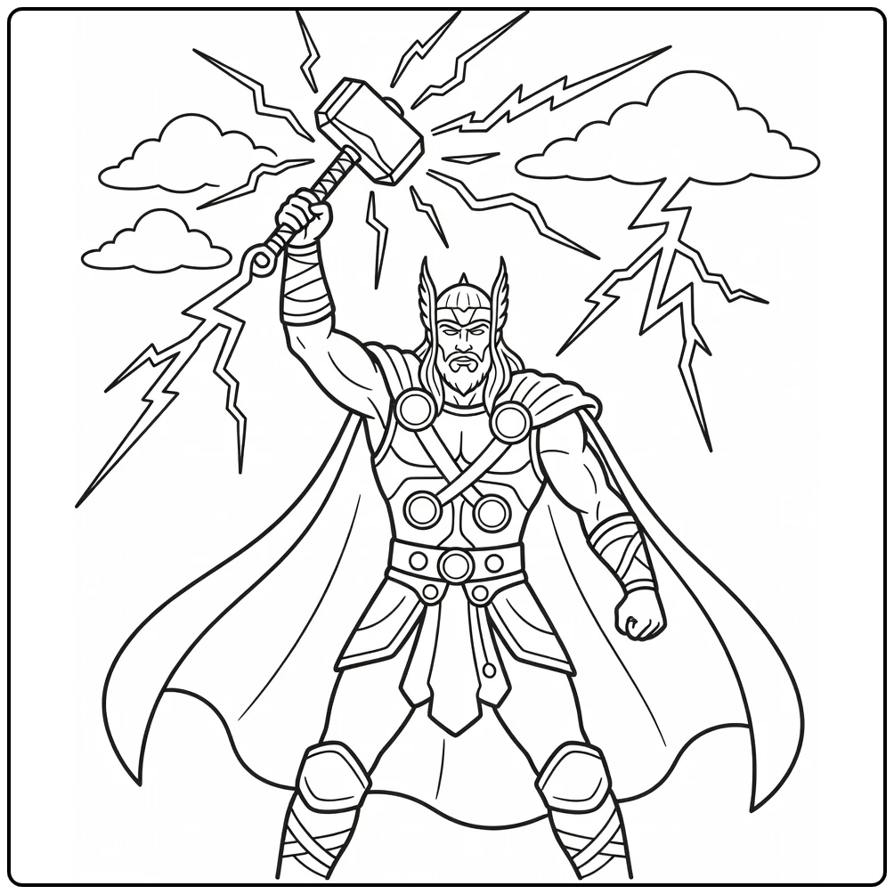 Thor Mjolnir Raised Toward Sky coloring page