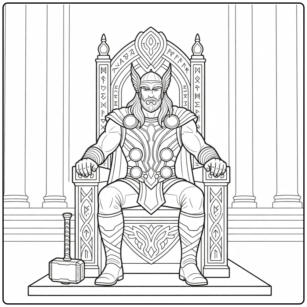 Thor Throne Pillars and Hammer Next to Him coloring page