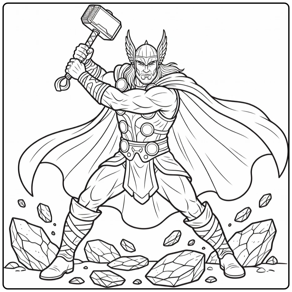 Thor Flowing Cape and Broken Stone coloring page