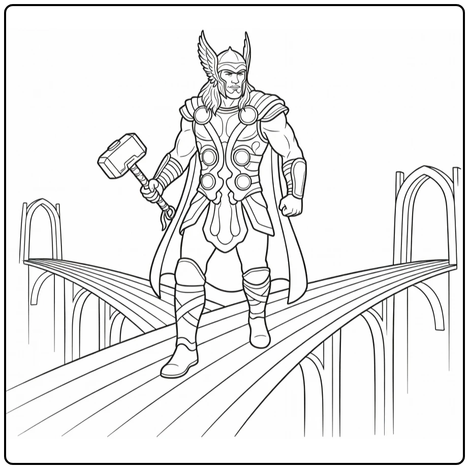 Thor on Bifrost Bridge with Hammer and Armor coloring page