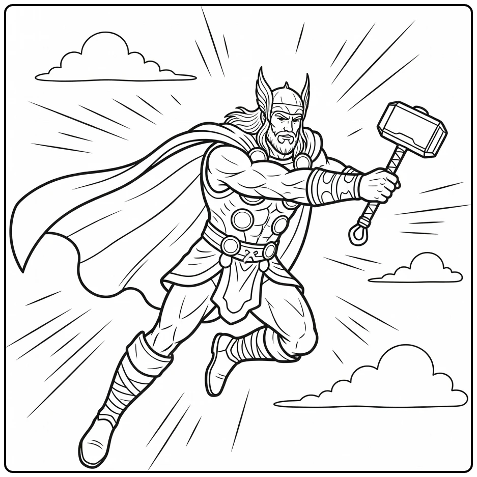 Dynamic Thor in Flight with Hammer and Wind Lines coloring page