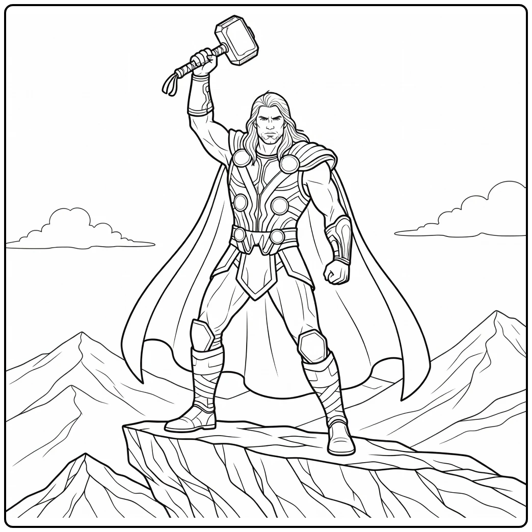 Thor coloring page holding Mjolnir in a heroic pose
