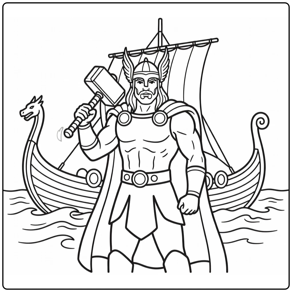 Thor Viking Ship with Waves and Sailing coloring page