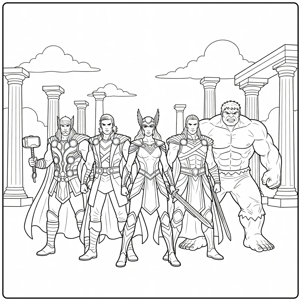 Thor Loki and Hulk in Asgard Marvel coloring page