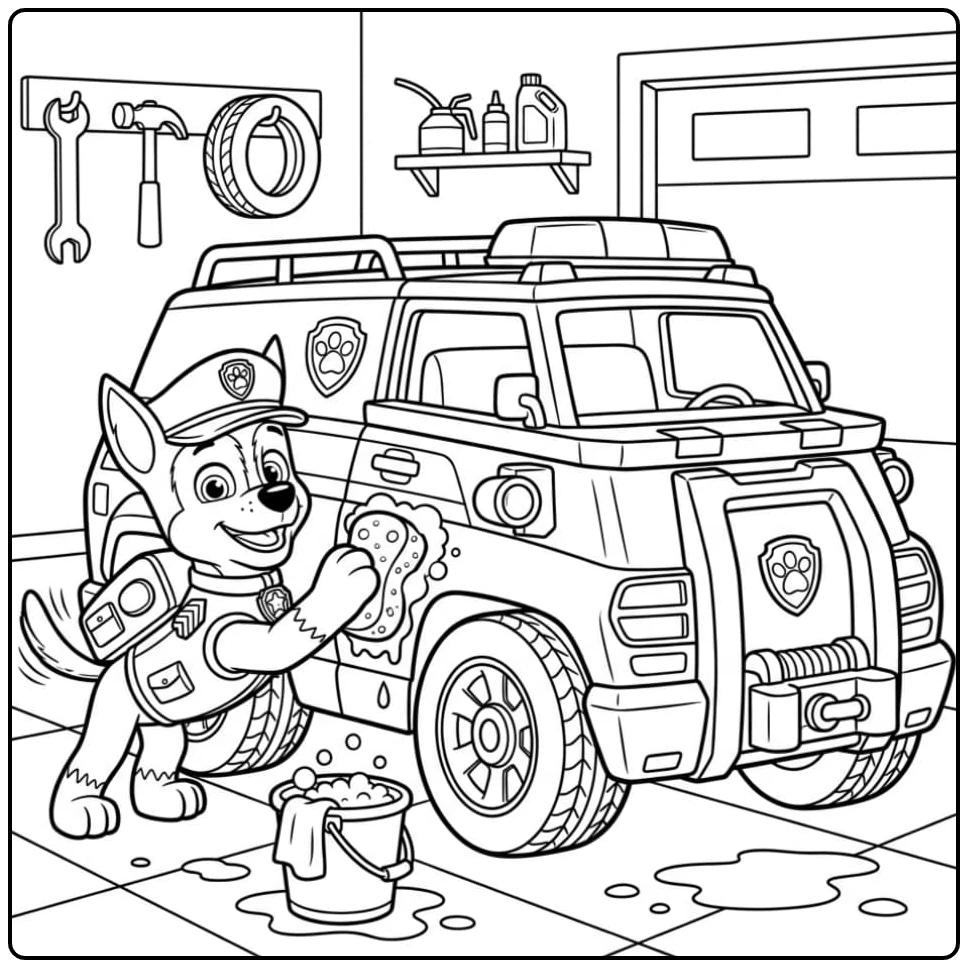 Time for Action Paw Patrol Chase Car Cleaning coloring page