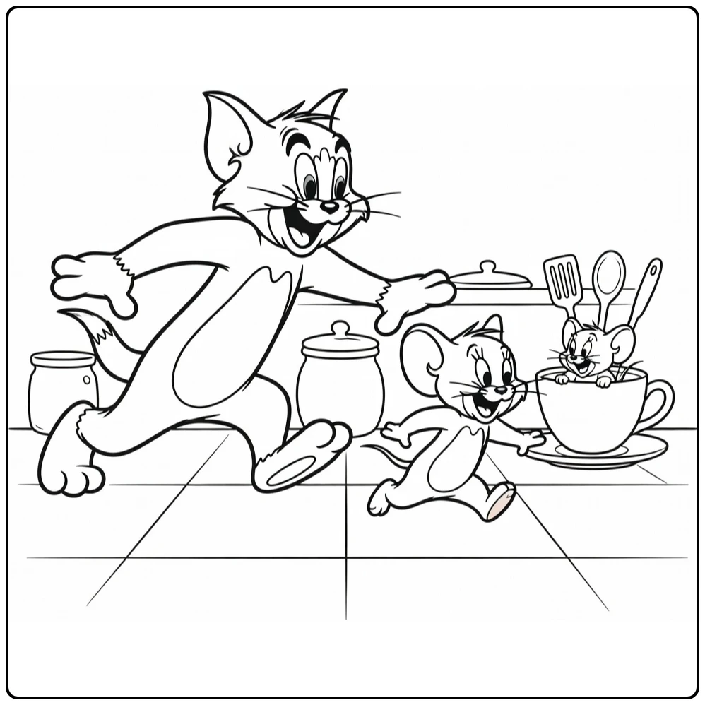 Tom and Jerry in Kitchen Chase with Cookie Jar coloring page