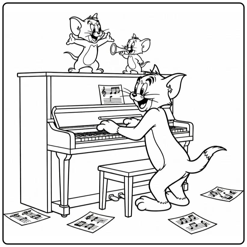 Tom and Jerry in Music Room with Dancing Mouse coloring page
