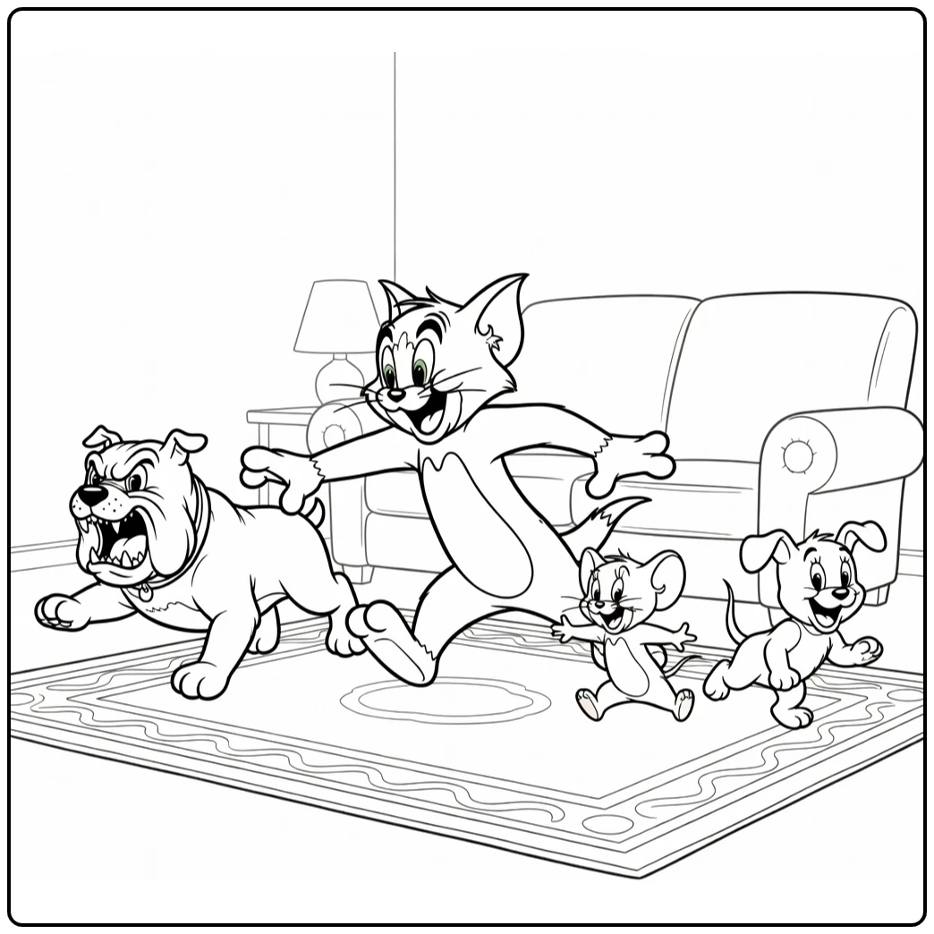 Tom and Jerry in Living Room with Barking Spike coloring page