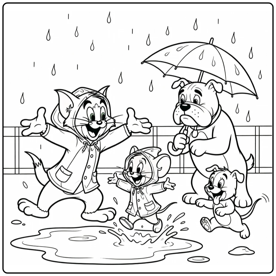 Tom and Jerry Rainy Fun with Umbrella and Fence coloring page