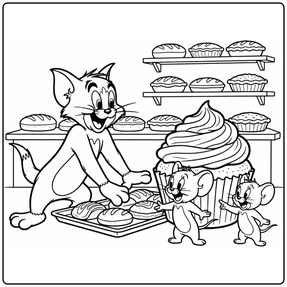 Tom and Jerry Reaching Toward Pastry Tray coloring page