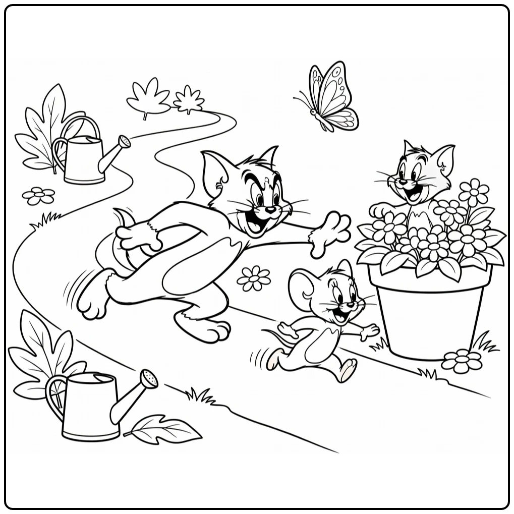 Tom and Jerry Garden Chase with Flower Pot and Watering Can coloring page