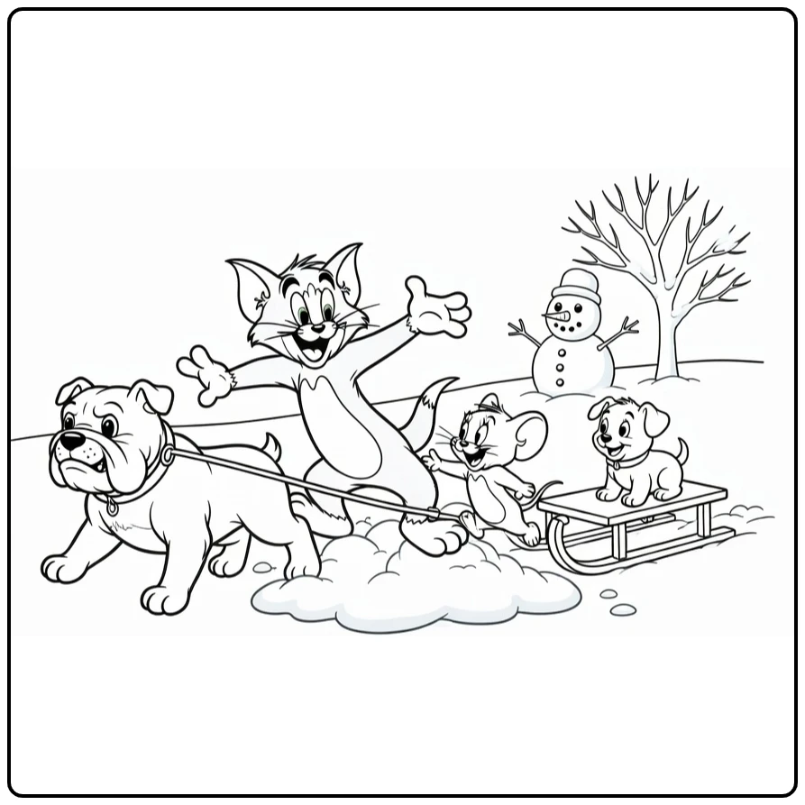 Tom and Jerry Winter Fun with Tyke on Sleigh coloring page