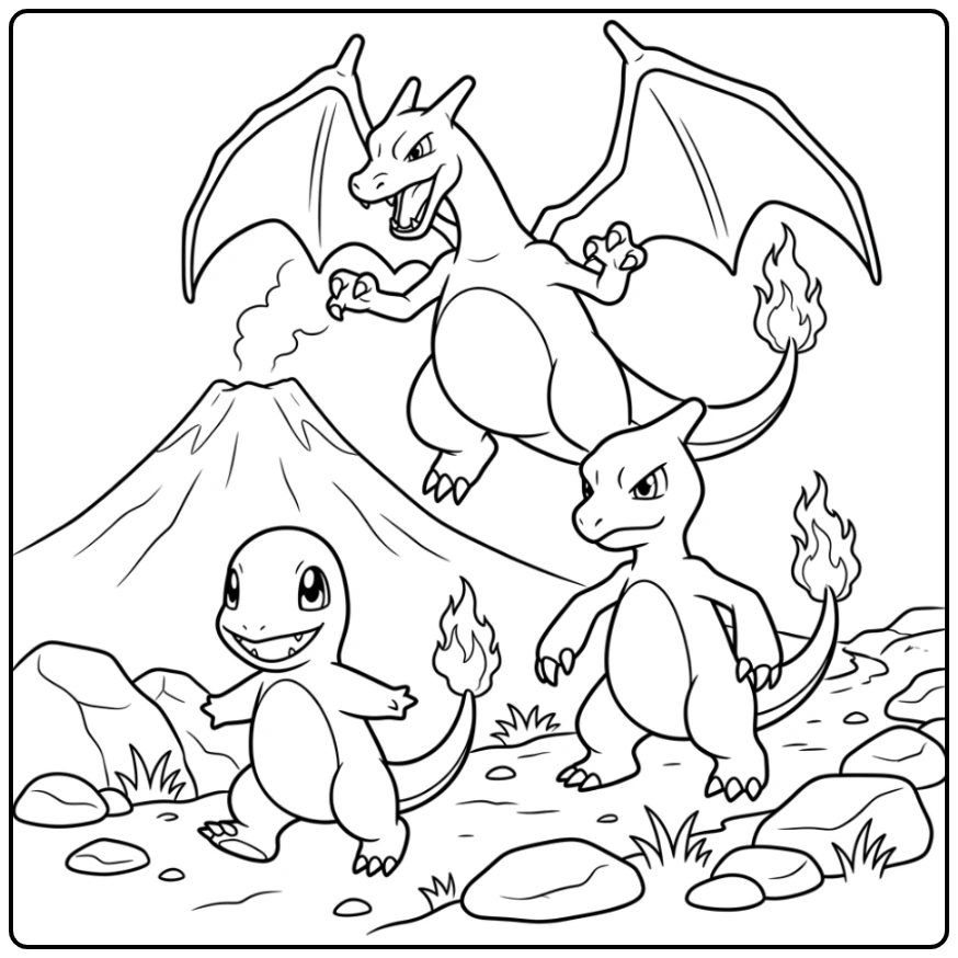 Top Charmander Charmeleon Charizard with Volcano coloring page