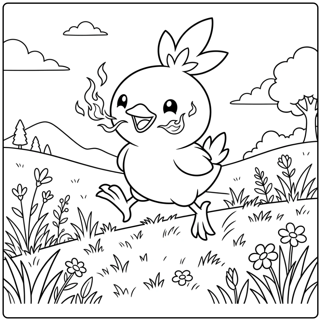 Pokemon Jumping Torchic with Flames coloring page