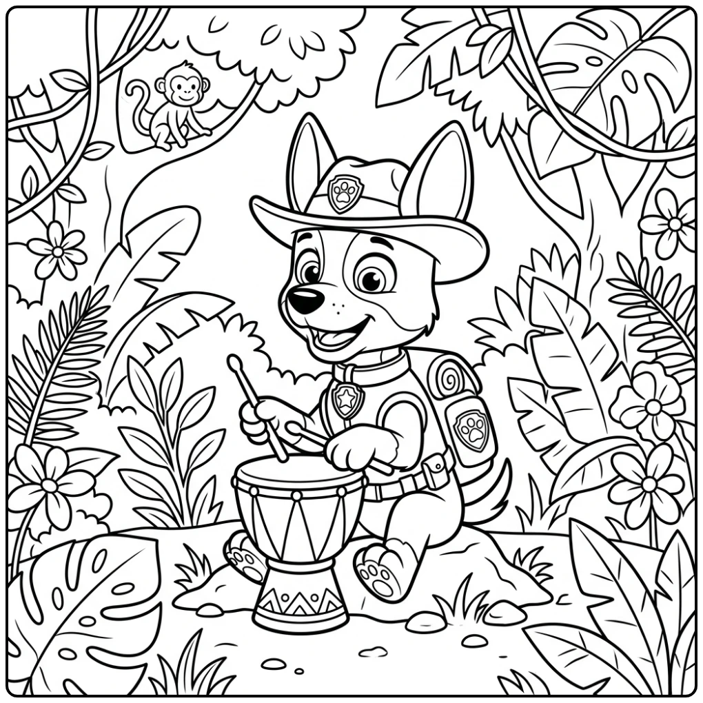 Cheerful Easy Paw Patrol Tracker's Drum Rhythm coloring page