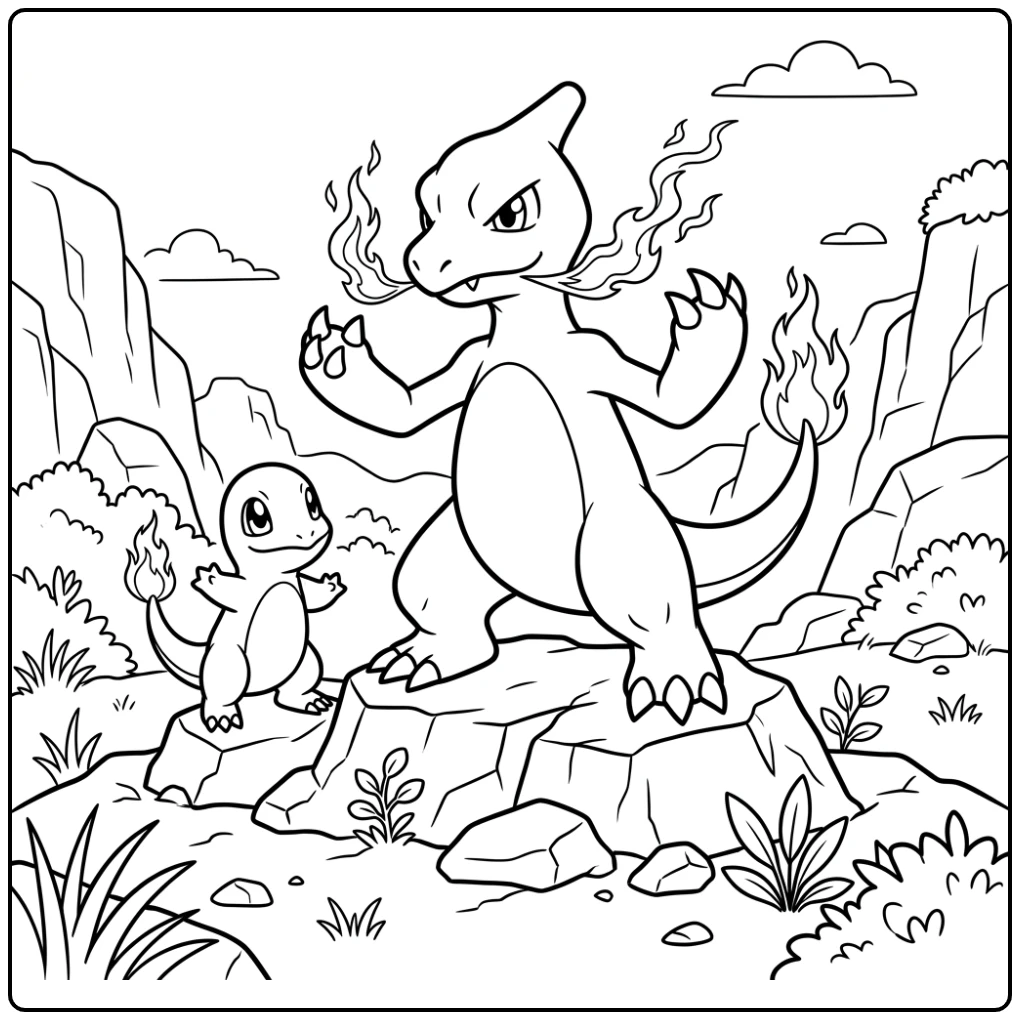 Training Pokemon Charmeleon with Charmander on the Hill coloring page
