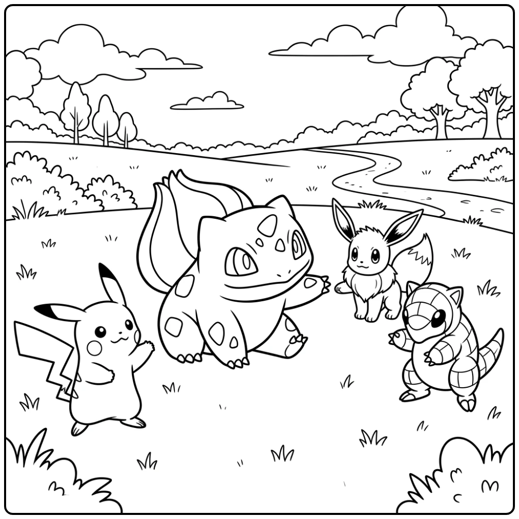 Bulbasaur Training with Pokemon in the Field coloring page