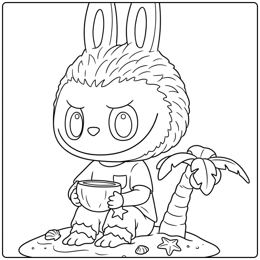 Tropical Coconut Labubu for Children coloring page