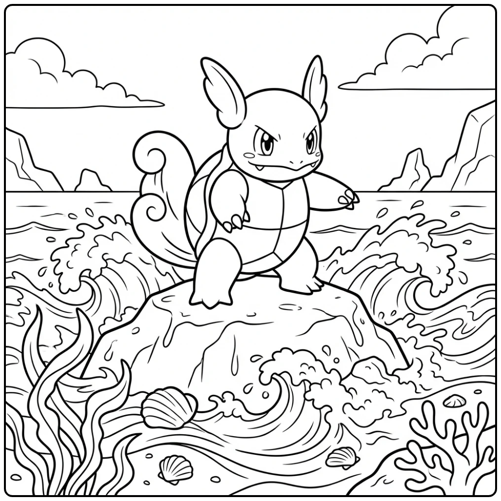 Proud Wartortle at the Beach for Children coloring page