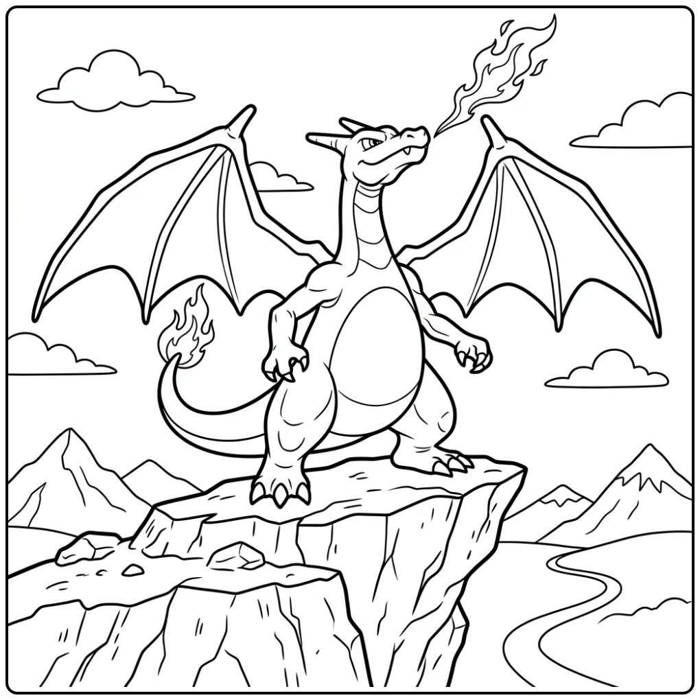 Proudly Charizard Pokemon Spreidt Wings on Bergtop coloring page