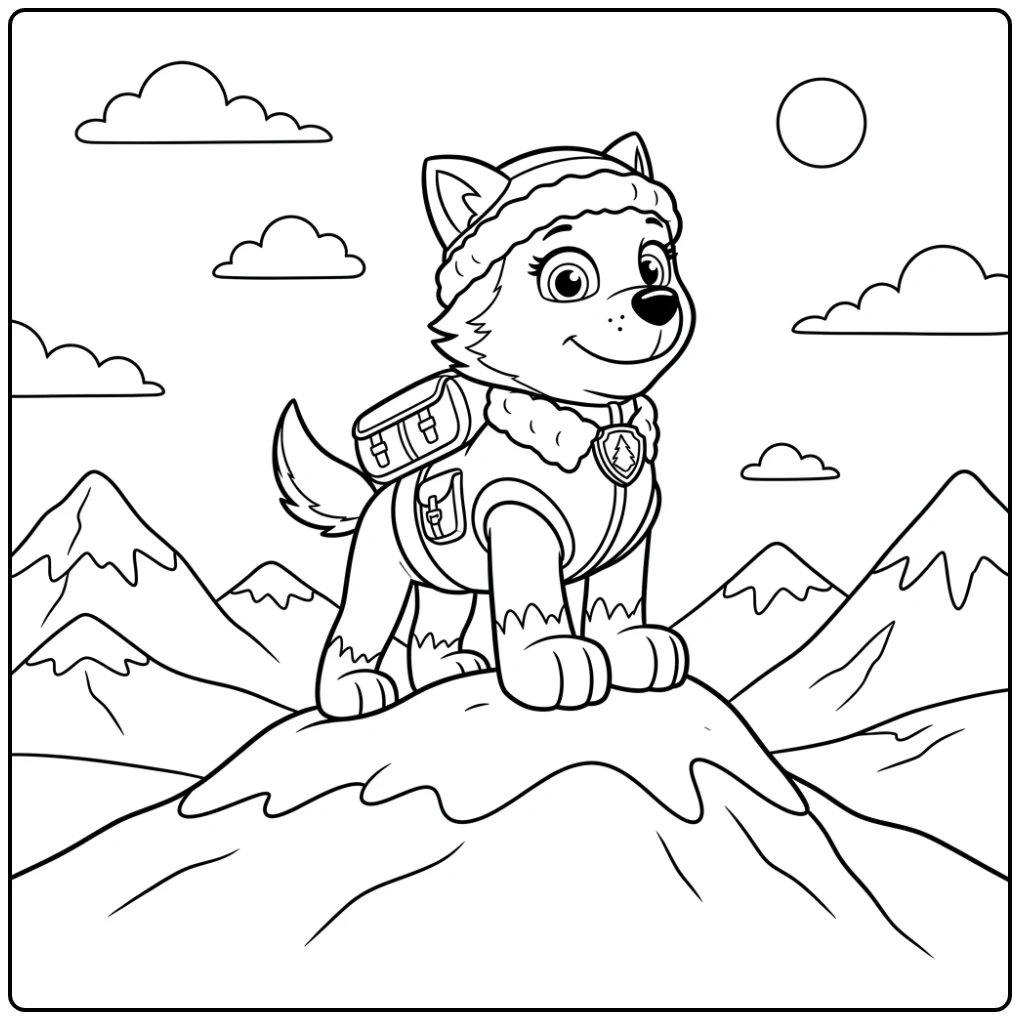 Everest Paw Patrol coloring page with a snow rescue
