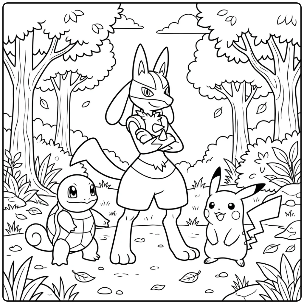 Proud Lucario with Friends in the Forest coloring page