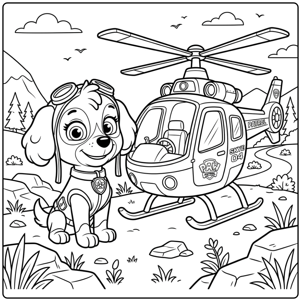 Proud Skye of Paw Patrol Helicopter and Glasses coloring page