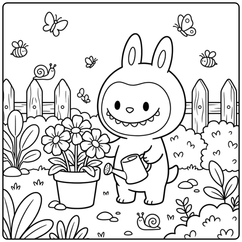 Easy Labubu Gardening for Children coloring page