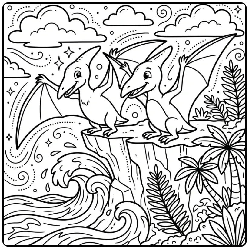 Two Pteranodons on the Cliff Dinosaur coloring page