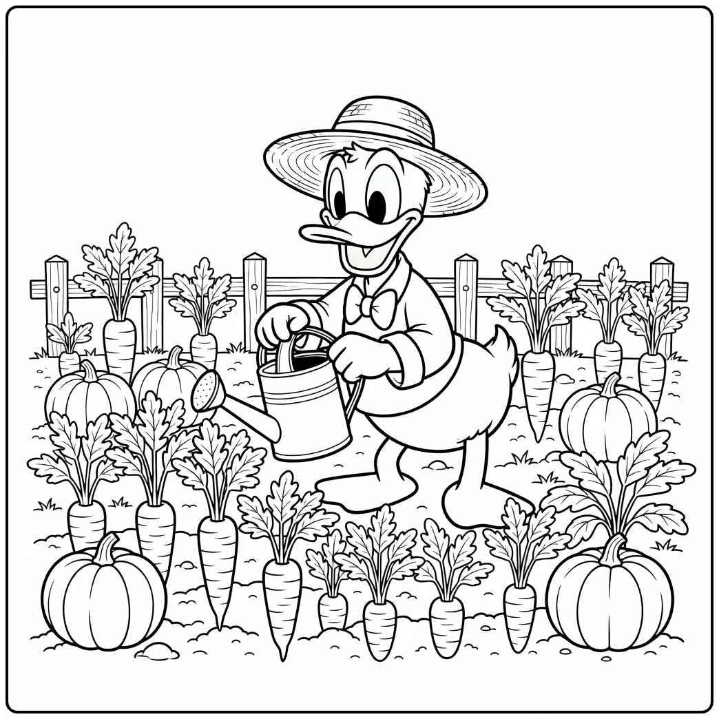 Challenging Detailed Donald Duck Gardening Scene coloring page