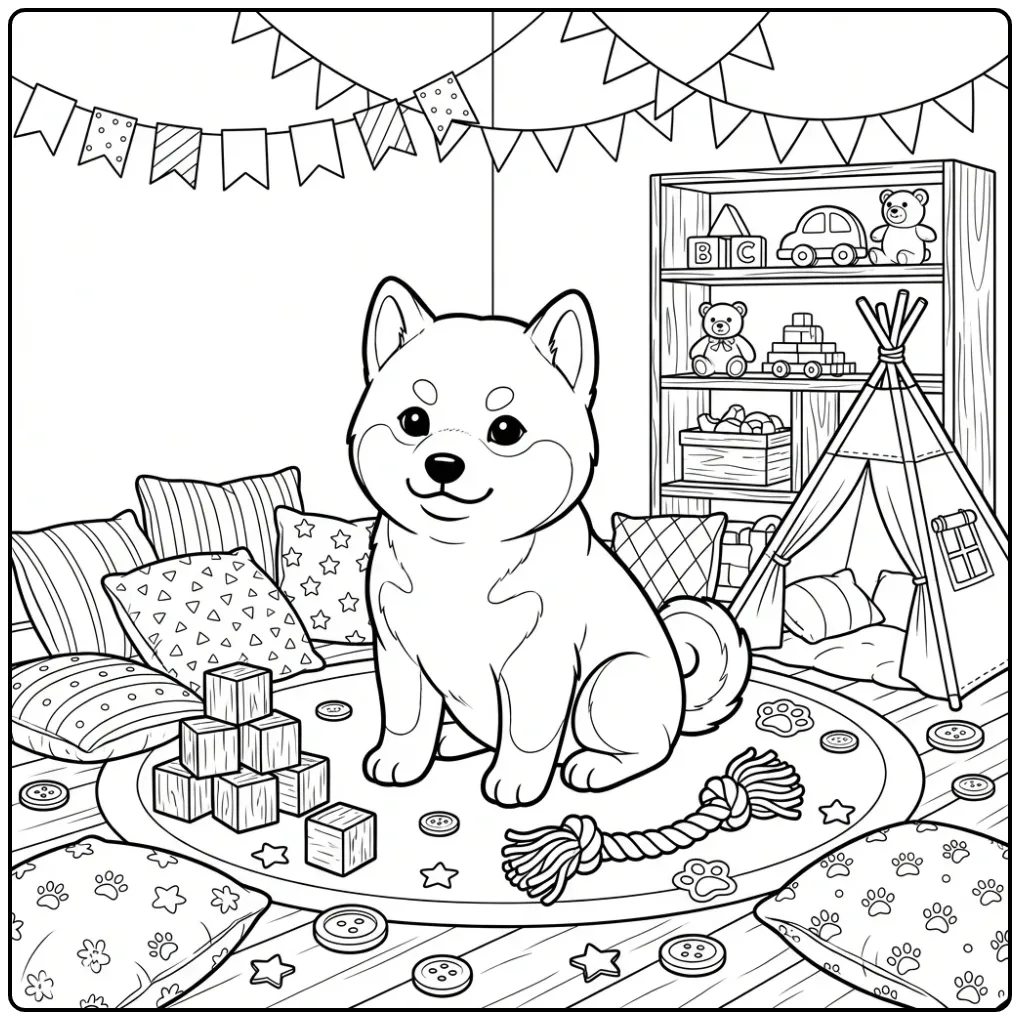 Challenging Detailed Puppy with Toys coloring page