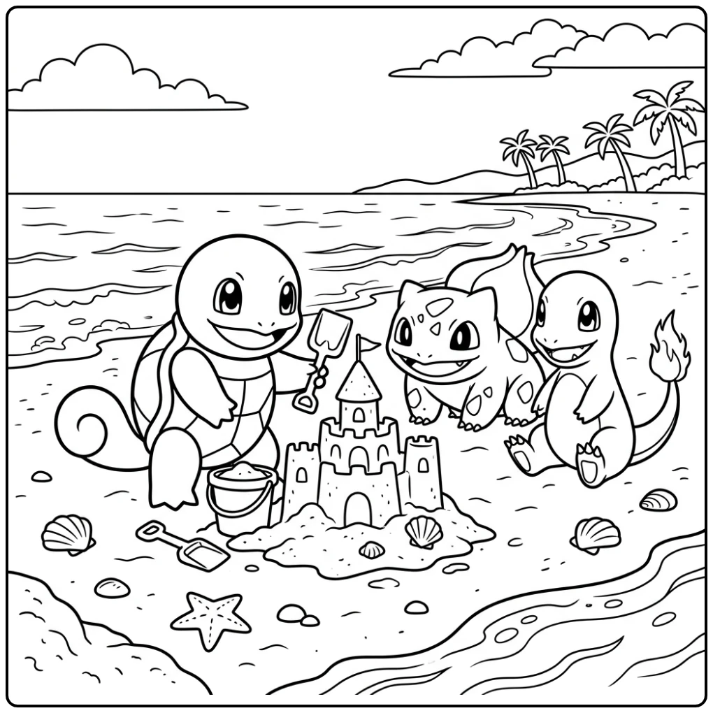 Squirtle and Friends Building on the Beach coloring page