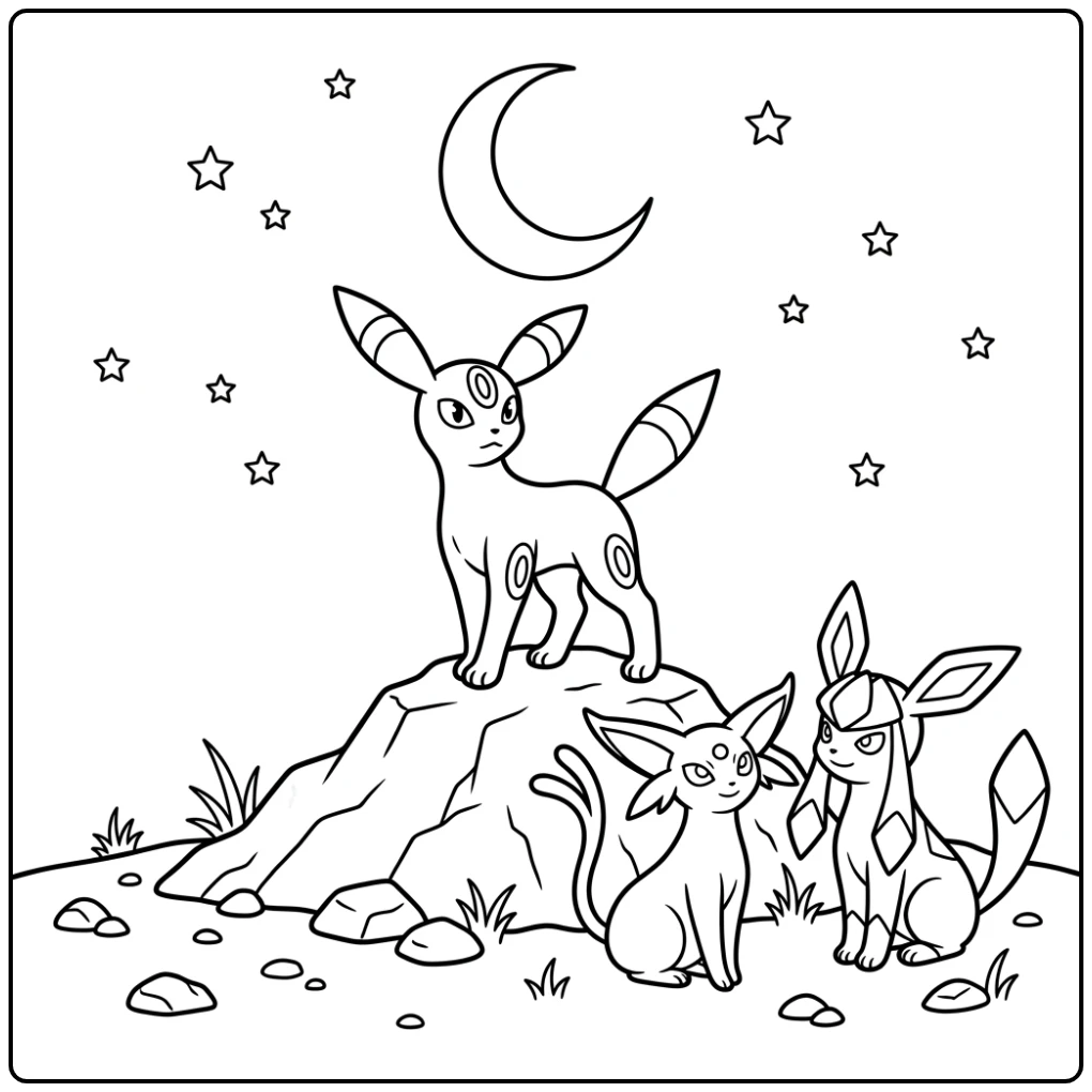 Umbreon Proudly on a Hill with Espeon and Glaceon coloring page
