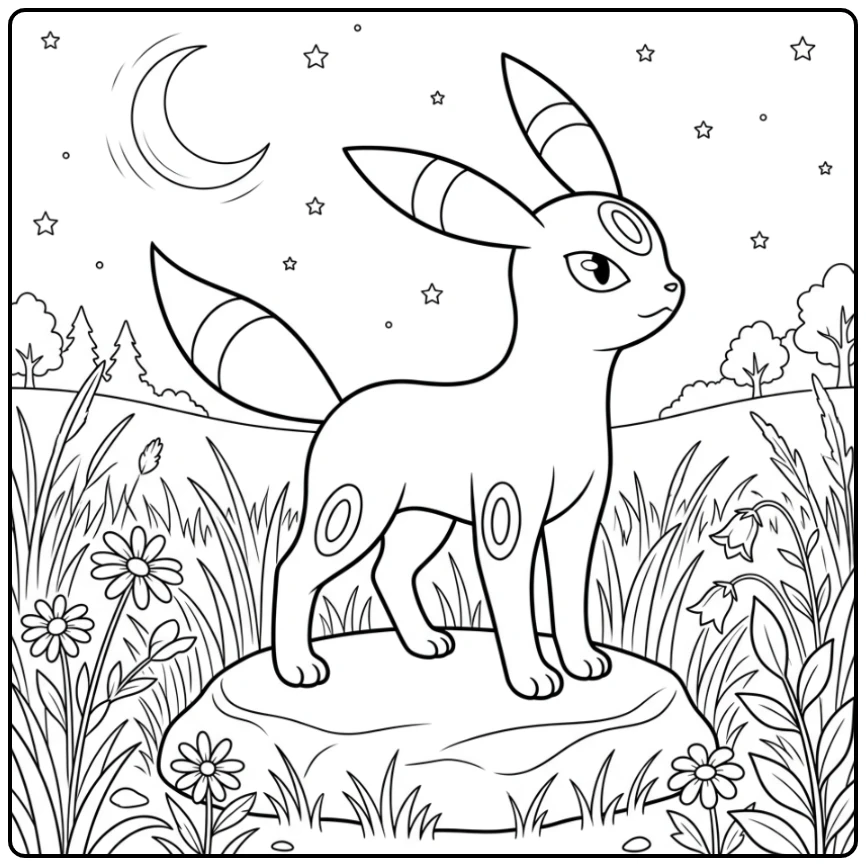 Umbreon Proudly on Rock Under the Nighttime Moon coloring page