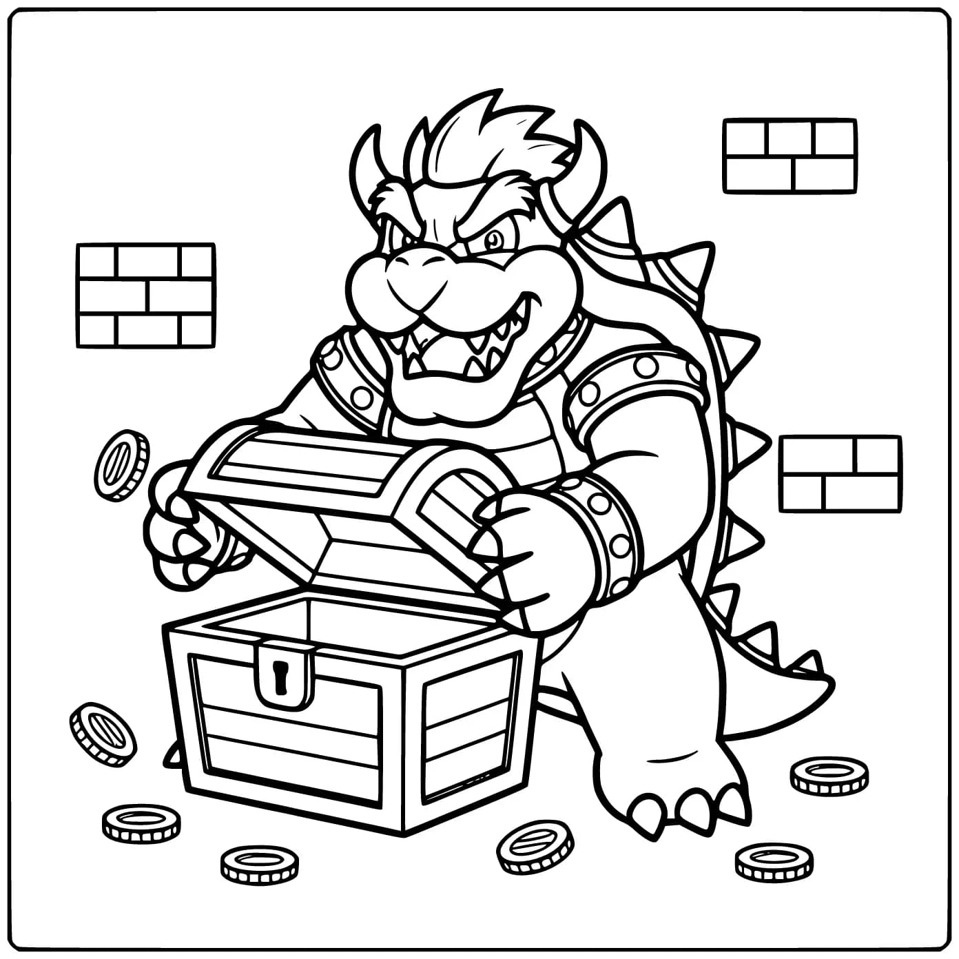 Unique Bowser and a Chest Full of Treasures coloring page