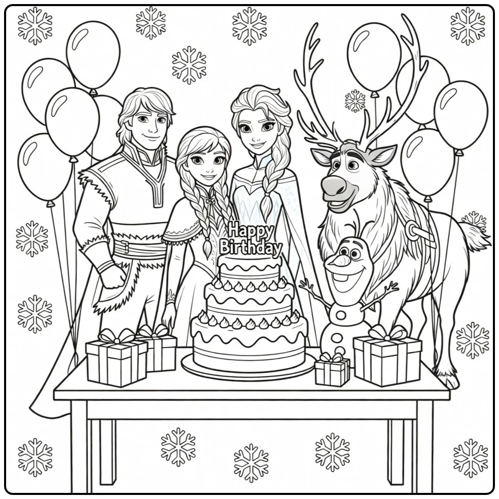 Frozen birthday coloring page with a cheerful party scene