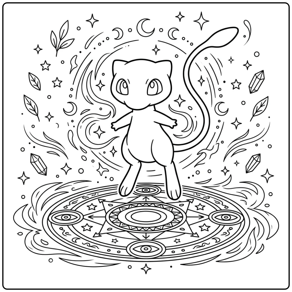 Unique Floating Mew with Pokemon and Stars coloring page