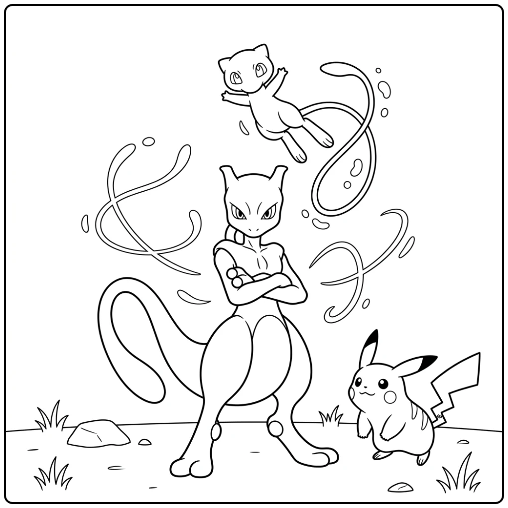 Unique Mewtwo Mew and Pikachu in the Center coloring page