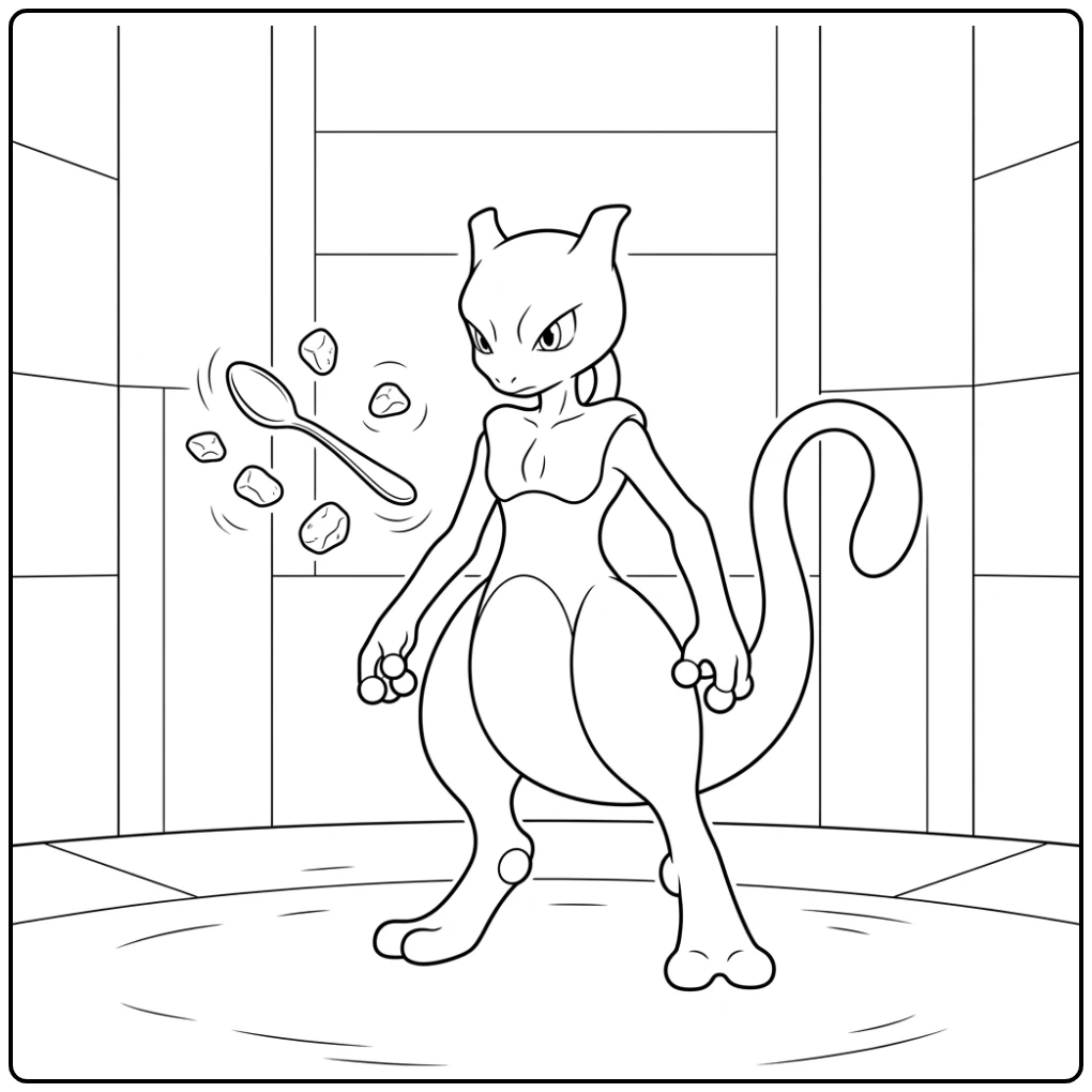 Unique Mewtwo Floating Spoon and Stone coloring page