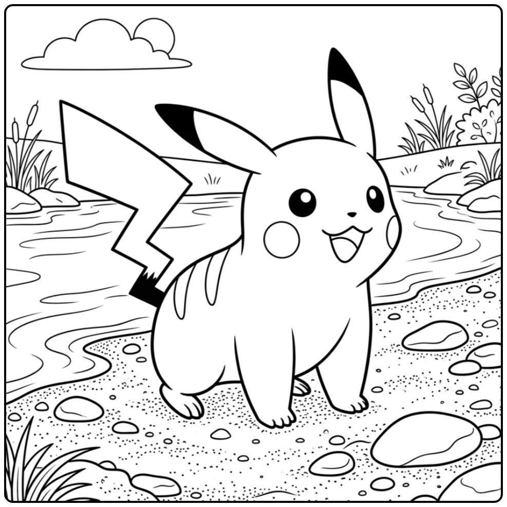 Unique Pikachu by a Calm River with a Stone coloring page