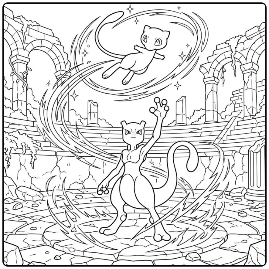 Unique Pokemon Mew and Mewtwo in the Runes coloring page