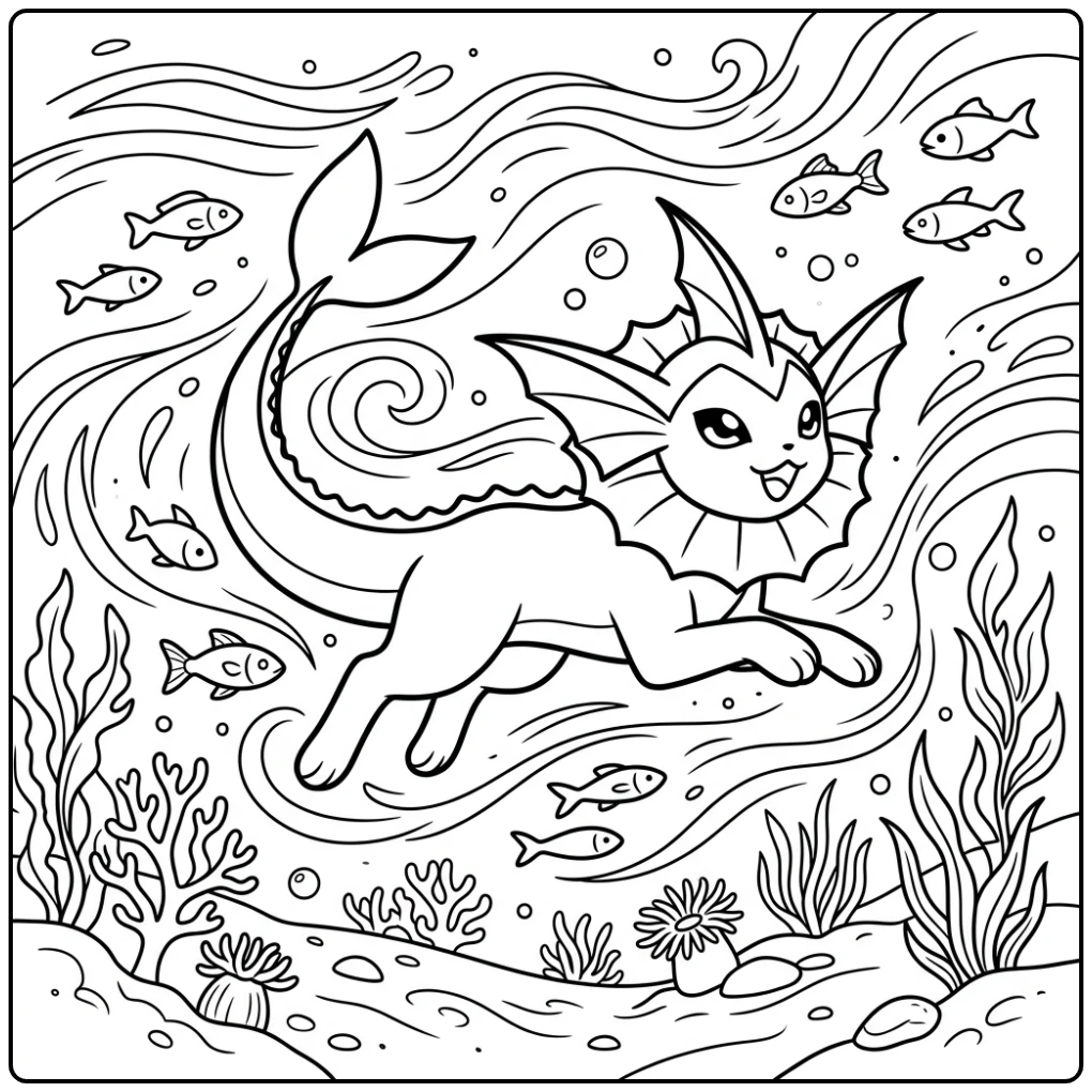 Vaporeon Underwater Adventure with Small Fishing coloring page