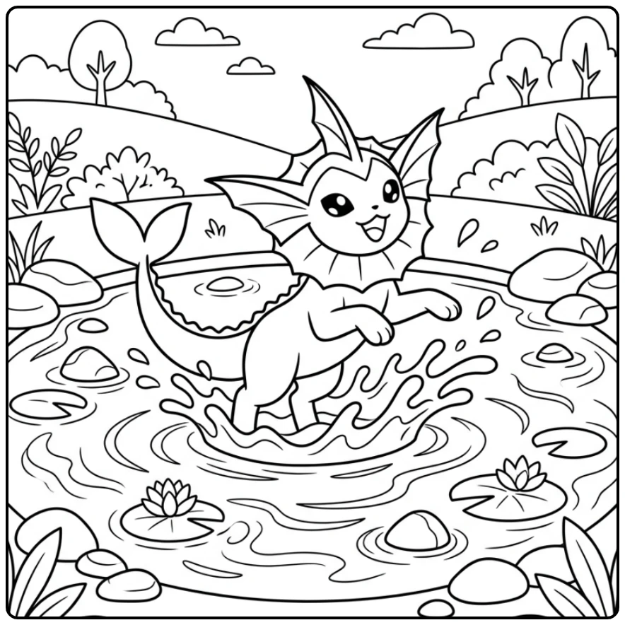 Vaporeon Splashing Fun in a Serene Pond coloring page