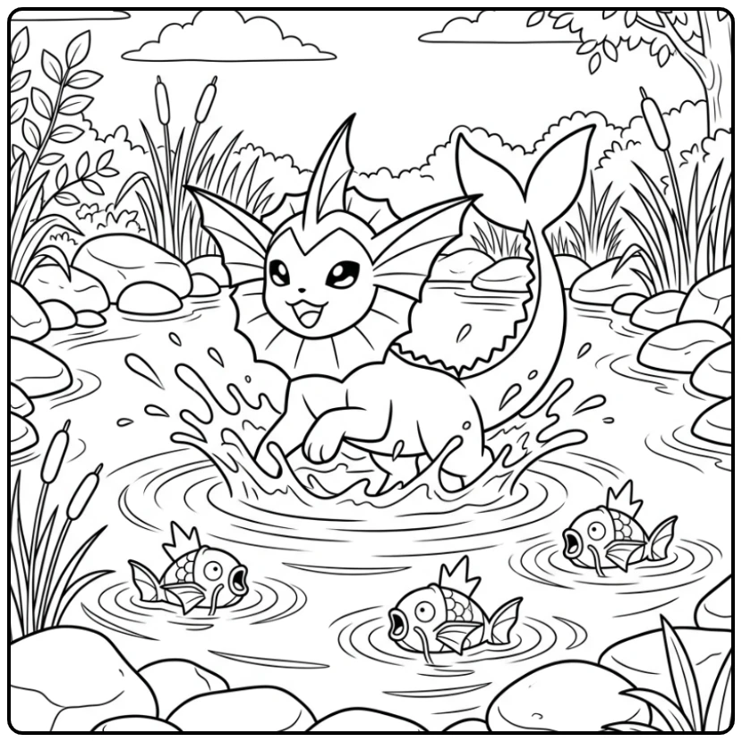 Vaporeon Enjoying in a Calm Pond with Magikarp coloring page
