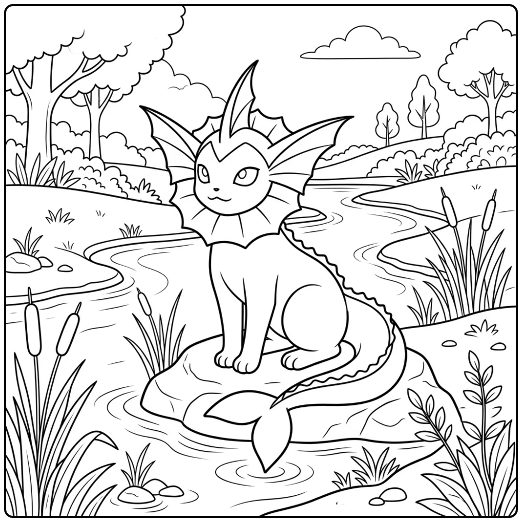 Vaporeon Resting at the Quiet Stream Bank coloring page